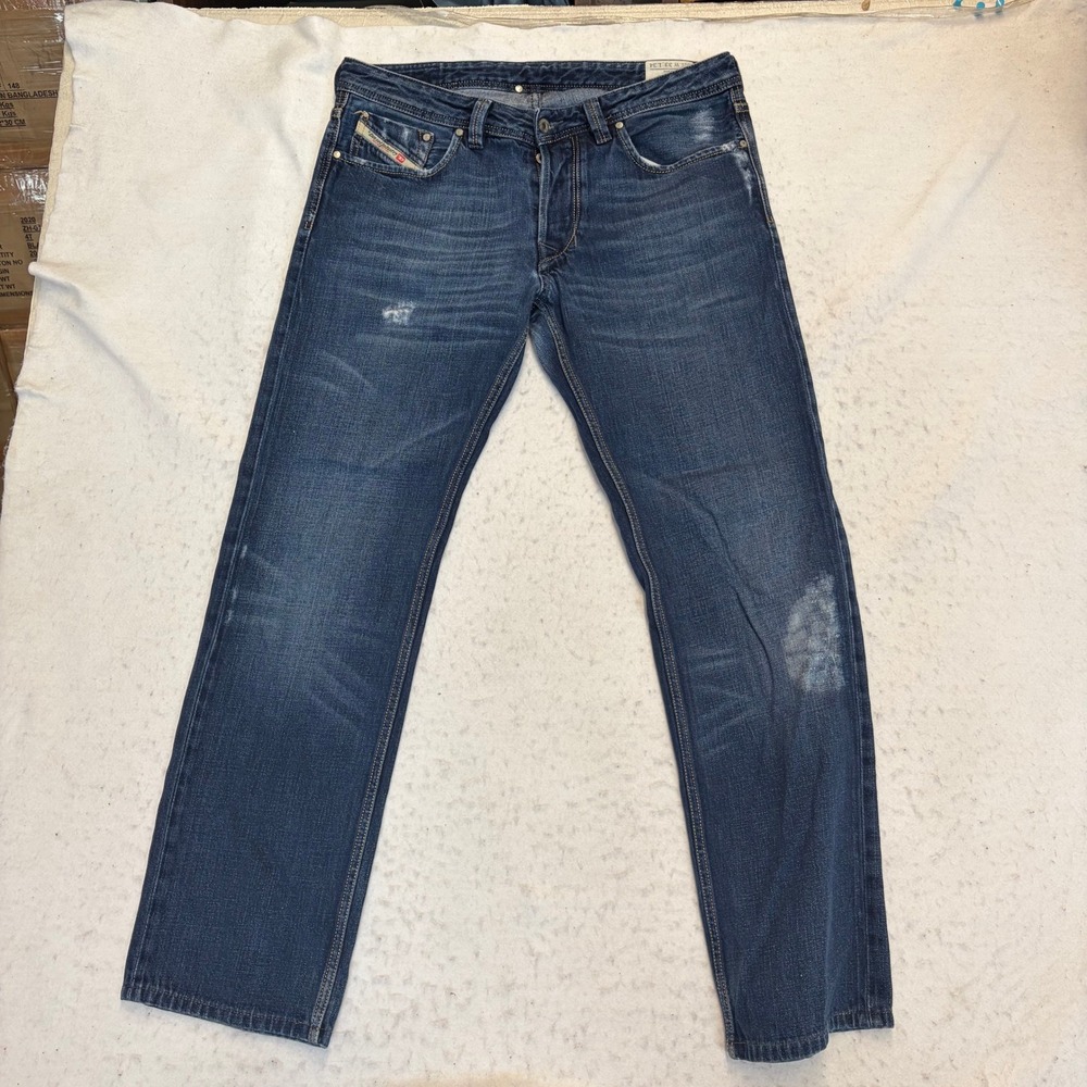 Diesel Larkee Jeans Mens 33x34 Blue Straight Leg Distressed Denim